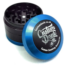 Load image into Gallery viewer, Custom Engraved 63mm Two-Tone Blue/Black 4 Part Herb Grinder -With Your Logo/image/text