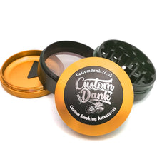 Load image into Gallery viewer, Custom Engraved 63mm Two-Tone Gold/Black 4 Part Herb Grinder -With Your Logo/image/text