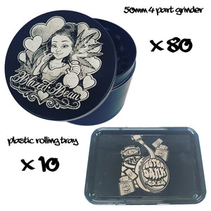 80X Custom 50mm 4 Part Grinder & 10X Plastic RollingTray -With Your Logo/image/text