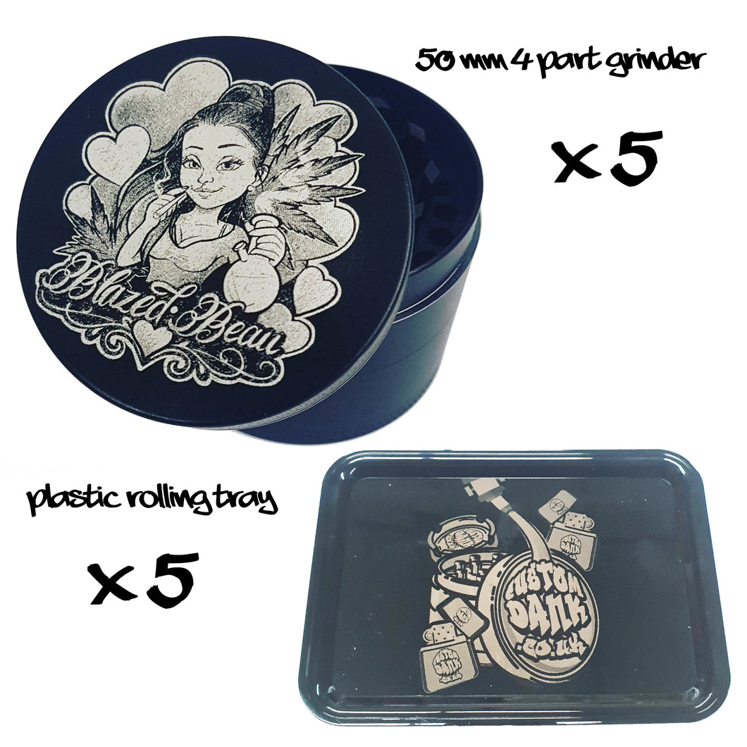 5X Custom 50mm 4 Part Grinder & 5X Plastic RollingTray -With Your Logo/image/text